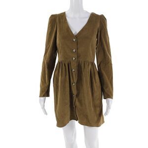 Trf Collection Zara Womens Cotton Corduroy V-Neck Button Up Dress Brown Size S